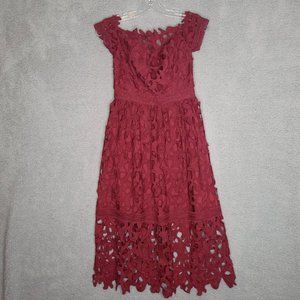 Chi Chi Womens Bardot Midi‎ Dress Fit & Flare Red Burgundy Lace Hem Lined 4 New
